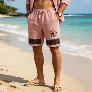 Summer men's loose linen-feel rune printed breathable casual beach vacation shorts