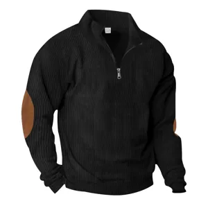 Men's Solid Color Quarter-Zip Corduroy Stand Collar Long Sleeve Casual Pullover Sweatshirt