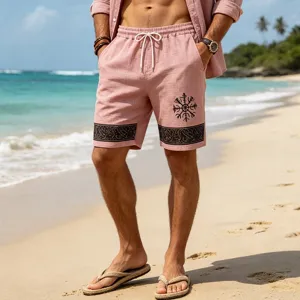 Mens pink linen beach shorts with Norse rune print, casual summer vacation wear detail.