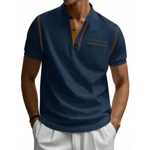 Close-up detail of mens short sleeve contrast stitching retro henley polo shirt pocket.