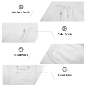 Detaillierte Ansicht weißer Freizeithosen mit elastischem Bund und praktischen Taschen.