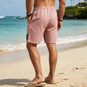 Men's loose linen-blend beach shorts with side rune print, perfect for summer casual vacation.
