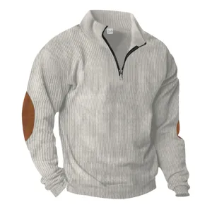 Men's half-zip ribbed sweatshirt detail, casual stand collar long sleeve top with elbow patch.