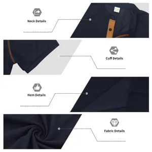 Detailed view of the dark blue men's henley shirt showing collar, cuff, and fabric texture.