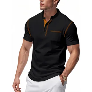 Close-up view of men short sleeve polo shirt with contrast stitching details and pocket.