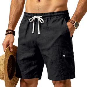 Herren schwarze casual Cargo Shorts, bequeme Baumwolle Leinen Strand Hose mit Taschen.