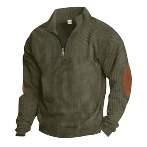 Men's half-zip corduroy sweatshirt with stand collar and elbow patches, casual long sleeve top.