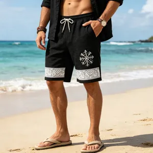 Men's black casual beach shorts with Nordic rune print, breathable linen-feel summer wear.