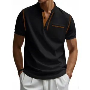 Men's casual contrast stitch short sleeve henley shirt detail view with pocket and stylish collar.