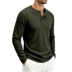 Ribbed long sleeve henley shirt detail, dark green men casual top, breathable fabric texture.