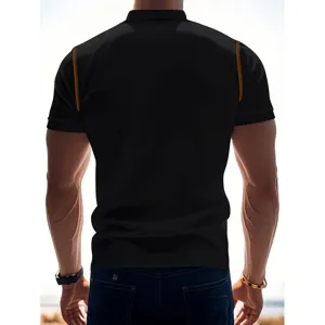 Men's casual short sleeve black polo shirt with contrast shoulder stitching, summer top.