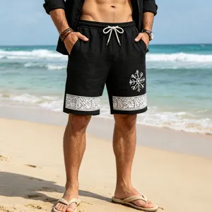 Men's summer casual linen-feel beach shorts featuring rune print and adjustable waist.