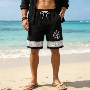 Men summer casual beach shorts breathable linen blend rune print elastic waist black