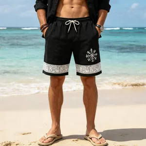 Men's casual beach shorts linen texture summer vacation rune printed board shorts activewear