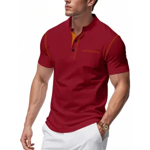 Detail view of men's red casual Henley shirt featuring contrast yellow stitching and pocket.