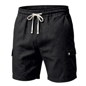 Herren lässige Cargo Shorts Detailansicht, mit Baumwolle Leinen Stoff und Kordelzug Bund.