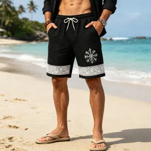 Men's casual black beach shorts with runic print, breathable linen-feel fabric for summer resort.