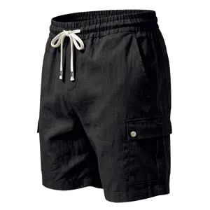 Schwarze Herren Leinen Cargo Shorts Detailansicht mit elastischem Bund und mehreren praktischen Taschen.