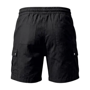Rückansicht Details schwarzer lässiger Cargo-Shorts für Herren mit elastischem Bund und Taschen.