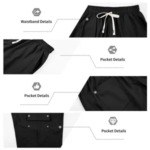 Vue détaillée du short cargo pour homme avec taille élastique, cordon et poches pratiques.