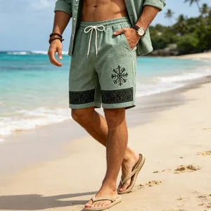 Men's casual summer beach shorts with rune print, breathable linen-feel fabric, loose fit.