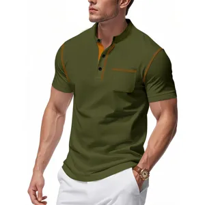 Men's casual green short sleeve henley shirt with orange contrast stitching and chest pocket.