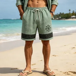 Men's casual breathable linen-blend beach shorts with rune print and drawstring waist.