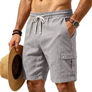 Short cargo homme en lin et coton décontracté taille élastique cordon poches été.