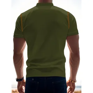 Men's summer casual short sleeve polo shirt olive green contrast stitching henley top