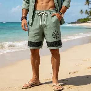 Men's casual linen-blend beach shorts featuring Viking rune print, elastic drawstring waist.