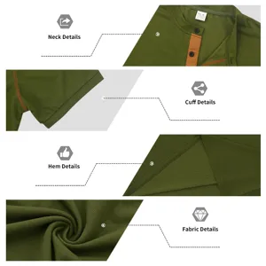Men's green short sleeve Henley shirt detail view, contrast placket, casual daily wear.