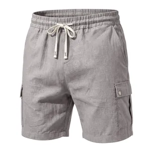 Locker geschnittene graue Leinen-Cargoshorts für Herren mit elastischem Kordelzug.