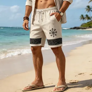 Men's loose imitation linen slub rune printed beach casual shorts for summer vacation.