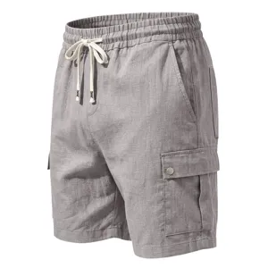 Shorts cargo décontractés en lin-coton pour homme, taille élastique, style plage.