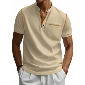 Men casual short sleeve polo shirt henley neck beige top with contrast stitching pocket