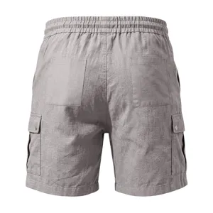 Shorts cargo homme decontracté vue arriere coton lin multi poches gris plage ete details