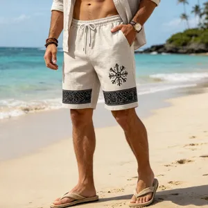 Men's casual linen-blend beach shorts with rune print, perfect for summer vacation and travel.