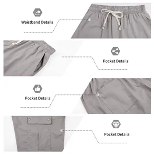 Gros plan sur les details du short pour homme avec taille ajustable et poches cargo multiples.