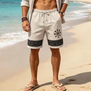 Men's casual beach shorts with rune print, loose linen style, perfect for summer vacation and wear.