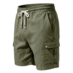 Short cargo homme en coton et lin décontracté avec taille élastique à cordon et poches.