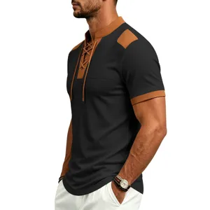Men's black waffle knit short sleeve t-shirt featuring brown contrast lace-up placket detail.