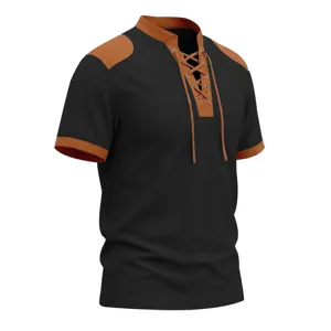 Men's waffle knit short sleeve t-shirt detail showing contrast color drawstring collar design.