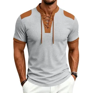 Men's casual waffle short sleeve t-shirt featuring color block drawstring summer top.