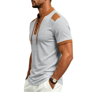 Close-up detail of the men's waffle knit short sleeve t-shirt with contrast lace-up placket.