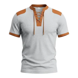 Men short sleeve waffle knit t-shirt with contrast drawstring v-neck and color block shoulders.