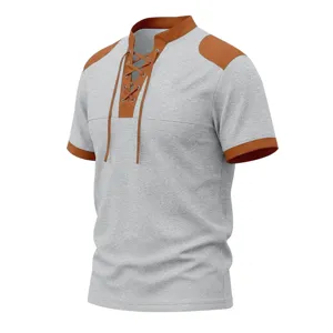 Men's waffle short sleeve T-shirt casual color block lace up summer streetwear top