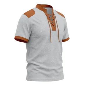 Men's casual waffle knit short sleeve t-shirt featuring contrast color lace up V neck top.