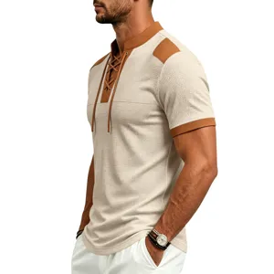 Men's casual waffle knit short sleeve t-shirt with color block drawstring design for summer.