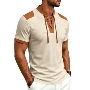 Men's waffle knit short sleeve t-shirt with contrast color drawstring placket casual top