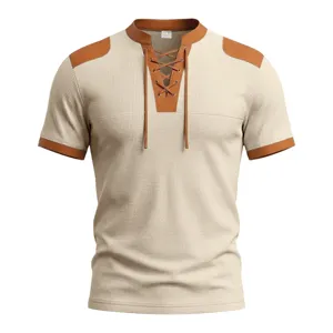 Men's waffle knit short sleeve t-shirt casual contrast color lace-up top detail view.